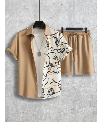 Abstract Painting Print, Men's 2Pcs Outfits, Casual Camp Collar Lapel Button Up Short Sleeve Shirts Hawaiian Shirt And Drawstring Shorts Set For Summer, Men's Clothing