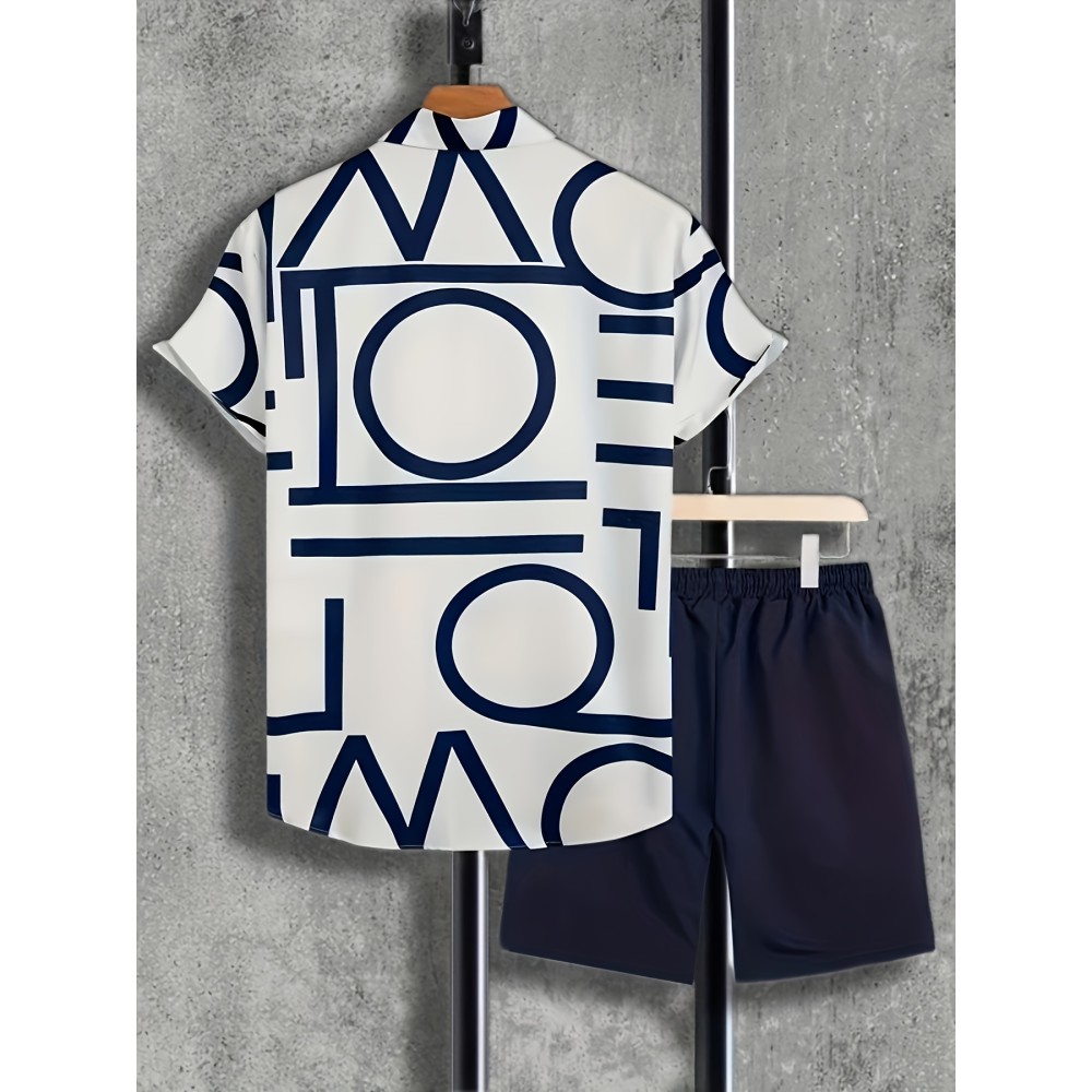 Casual Two-Piece Set, Men's Short Sleeve Shirt & Drawstring Shorts Matching Set For Summer - Image 2