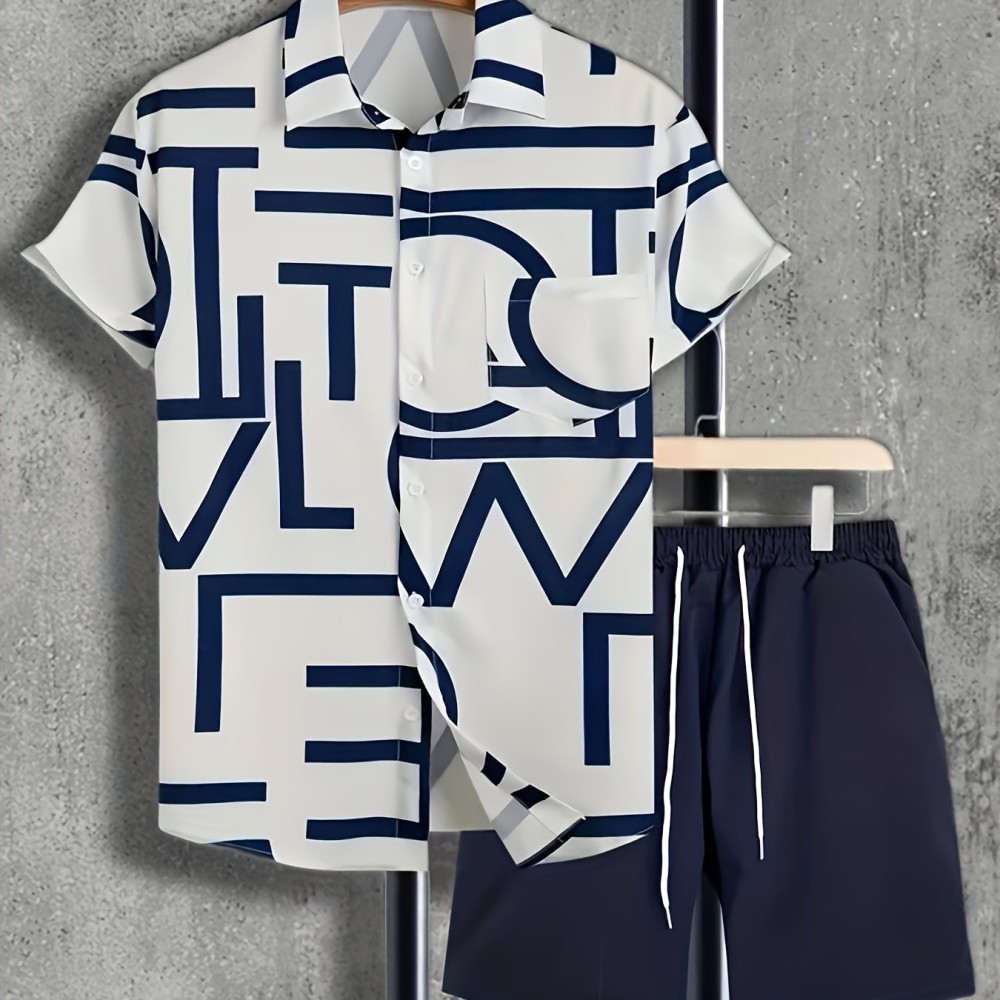 Casual Two-Piece Set, Men's Short Sleeve Shirt & Drawstring Shorts Matching Set For Summer - Image 6