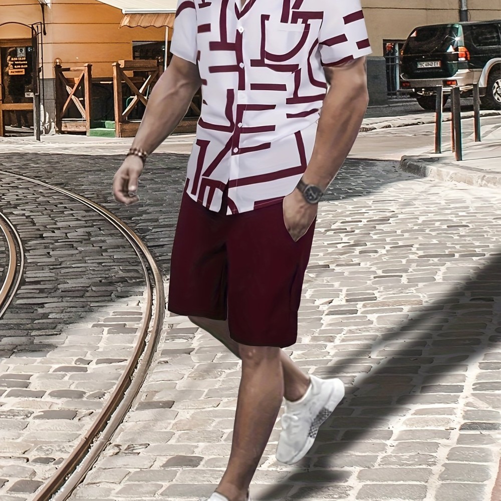 Casual Two-Piece Set, Men's Short Sleeve Shirt & Drawstring Shorts Matching Set For Summer - Image 7