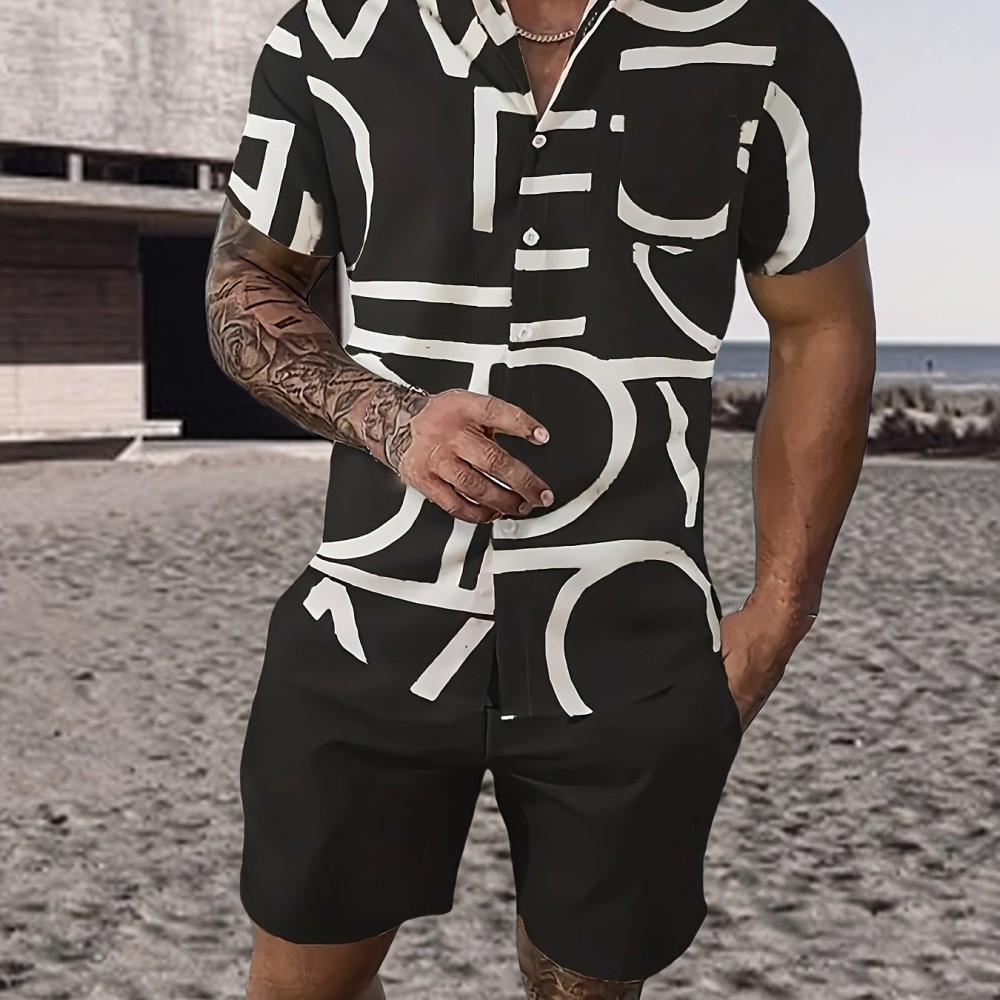 Casual Two-Piece Set, Men's Short Sleeve Shirt & Drawstring Shorts Matching Set For Summer - Image 8