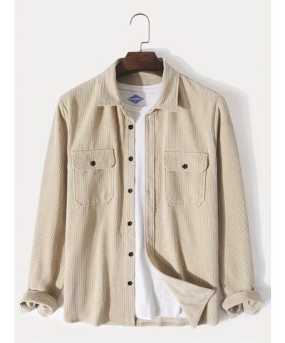 Men's Retro Corduroy Shirt Top Turn-Down Collar Long Sleeve Closure Regular Fit Solid Male Casual Shirt For Daily