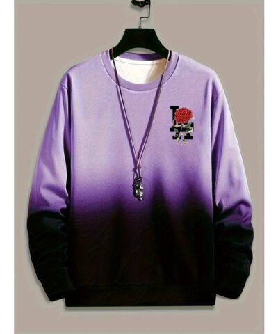 Ombre Trendy Sweatshirt, Men's Casual Retro Rose Graphic Design Slightly Stretch Crew Neck Pullover Sweatshirt For Autumn Winter