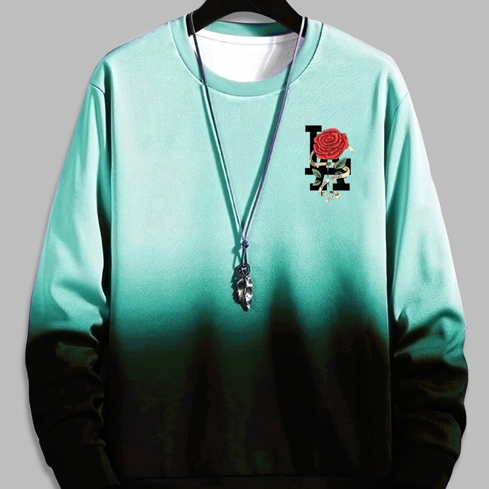 Ombre Trendy Sweatshirt, Men's Casual Retro Rose Graphic Design Slightly Stretch Crew Neck Pullover Sweatshirt For Autumn Winter - Image 6