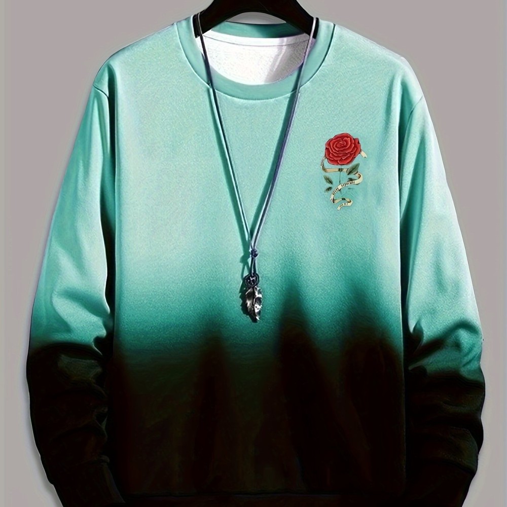 Ombre Trendy Sweatshirt, Men's Casual Retro Rose Graphic Design Slightly Stretch Crew Neck Pullover Sweatshirt For Autumn Winter - Image 7