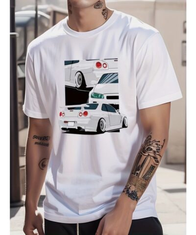 Cotton Car Painting Print, Men's Graphic Design Crew Neck T-shirt, Casual Comfy Tees Tshirts For Summer, Men's Clothing Tops For Daily Vacation Resorts