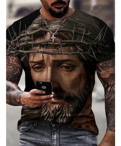 Jesus Print, Men's Graphic Design Crew Neck Active T-shirt, Casual Comfy Tees Tshirts For Summer, Men's Clothing Tops For Daily Gym Workout Running