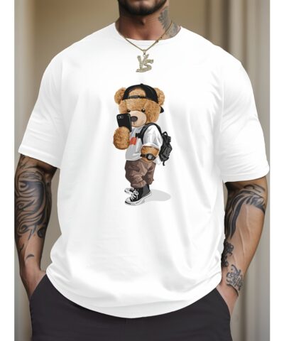 Cartoon Teddy Bear Print, Men's Graphic Design Crew Neck T-shirt, Casual Comfy Tees Tshirts For Summer, Men's Clothing Tops For Daily Vacation Resorts