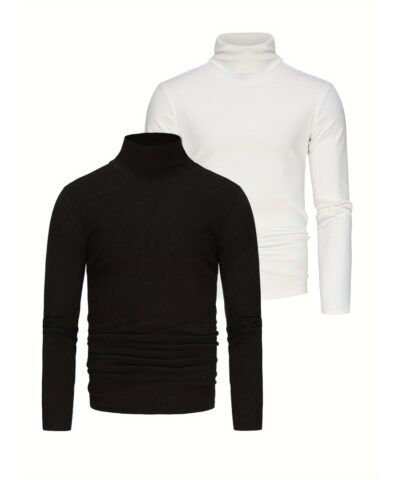 2pcs Men's Stylish Solid Compression Shirt, Active Breathable Turtle Neck Top For Hiking Jogging Cycling Outdoor Fitness Workout