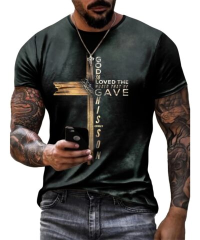 Christian Cross Print, Men's Graphic Design Crew Neck Active T-shirt, Casual Comfy Tees Tshirts For Summer, Men's Clothing Tops For Daily Gym Workout Running, Men's Clothing