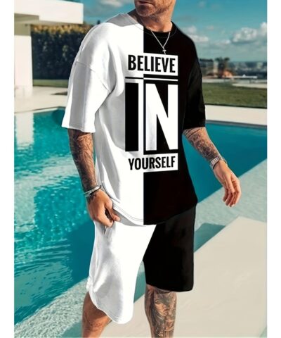 Believe In Yourself Print, Men's 2Pcs Outfits, Casual Crew Neck Short Sleeve T-shirt And Drawstring Shorts Set For Summer, Men's Clothing