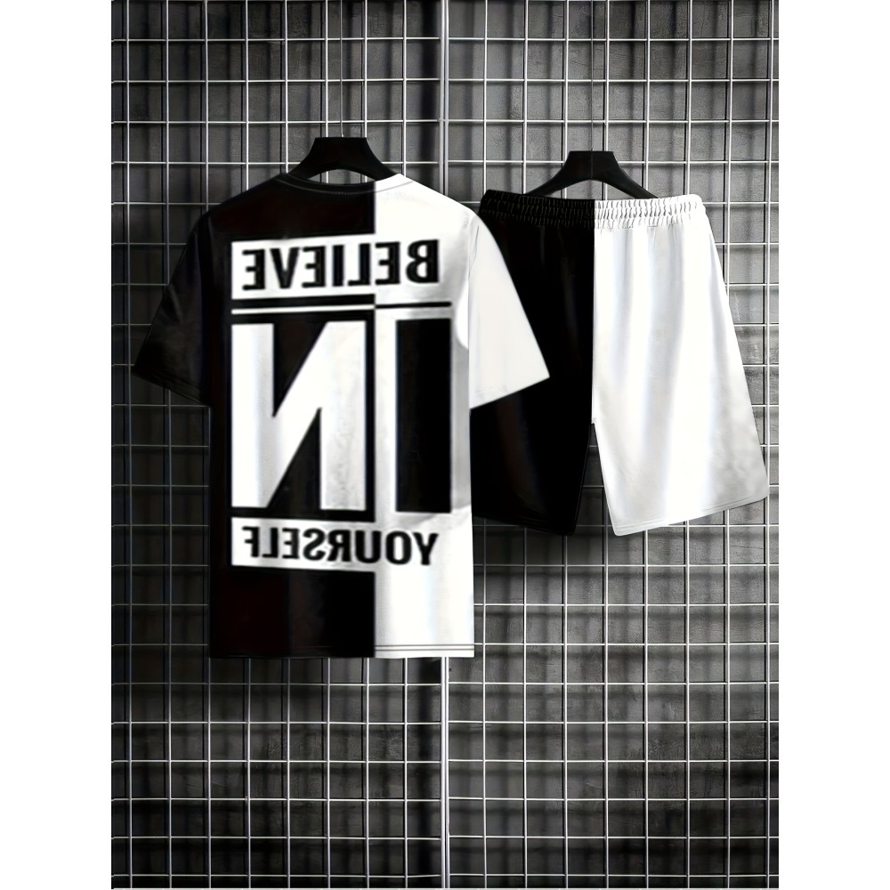 Believe In Yourself Print, Men's 2Pcs Outfits, Casual Crew Neck Short Sleeve T-shirt And Drawstring Shorts Set For Summer, Men's Clothing - Image 2