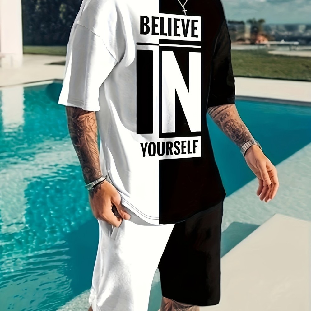 Believe In Yourself Print, Men's 2Pcs Outfits, Casual Crew Neck Short Sleeve T-shirt And Drawstring Shorts Set For Summer, Men's Clothing - Image 4