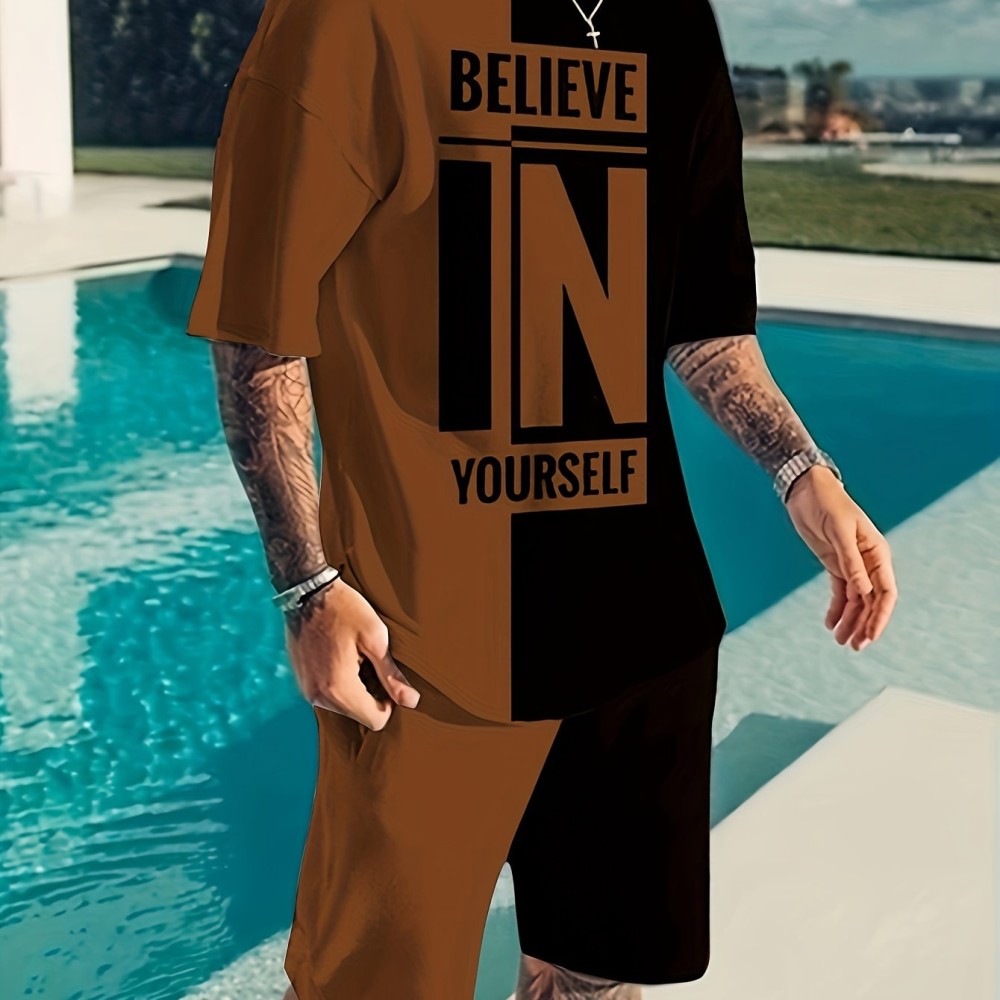 Believe In Yourself Print, Men's 2Pcs Outfits, Casual Crew Neck Short Sleeve T-shirt And Drawstring Shorts Set For Summer, Men's Clothing - Image 5