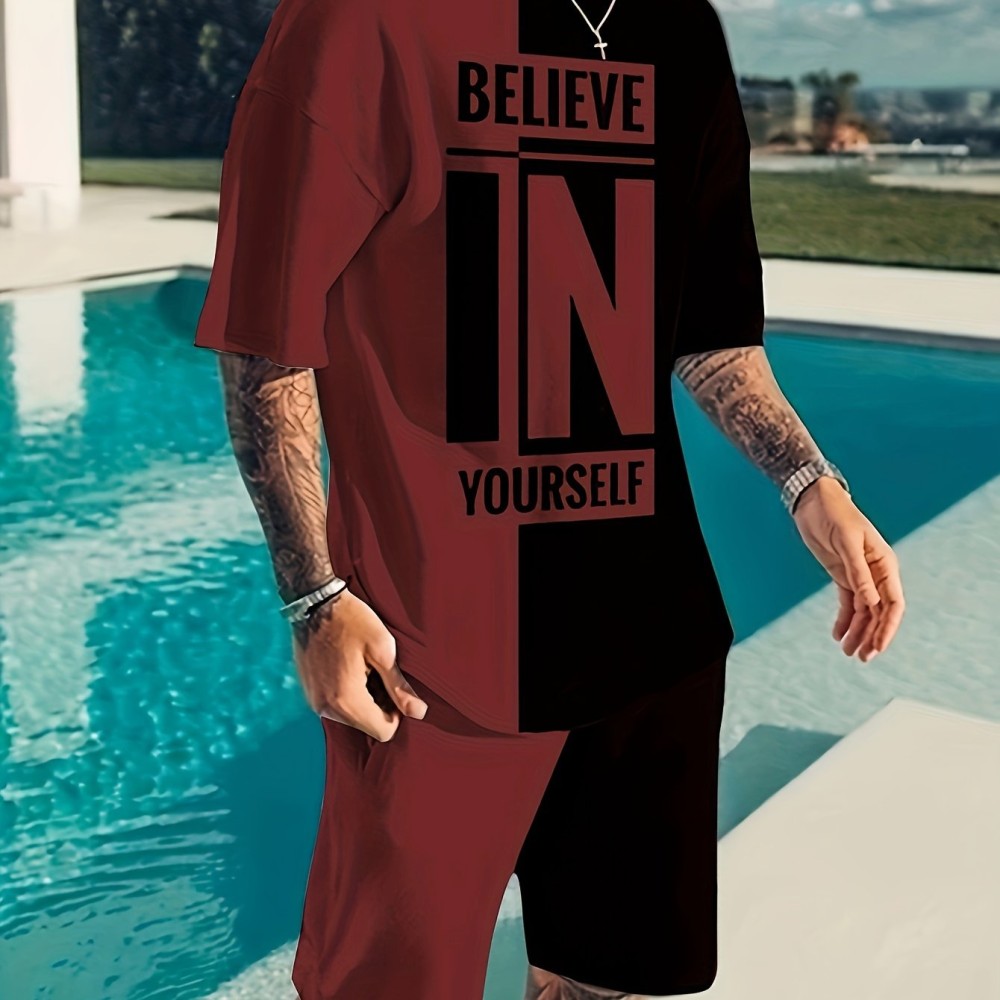 Believe In Yourself Print, Men's 2Pcs Outfits, Casual Crew Neck Short Sleeve T-shirt And Drawstring Shorts Set For Summer, Men's Clothing - Image 6