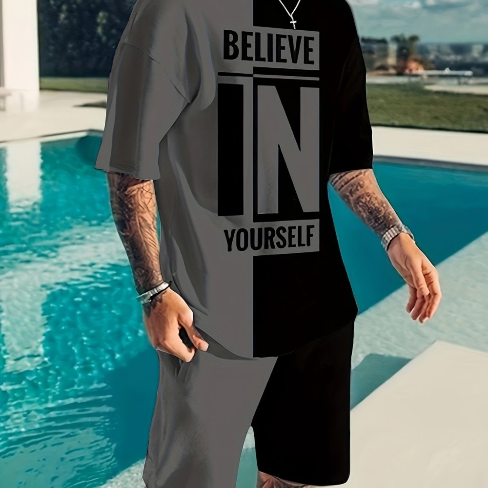 Believe In Yourself Print, Men's 2Pcs Outfits, Casual Crew Neck Short Sleeve T-shirt And Drawstring Shorts Set For Summer, Men's Clothing - Image 7