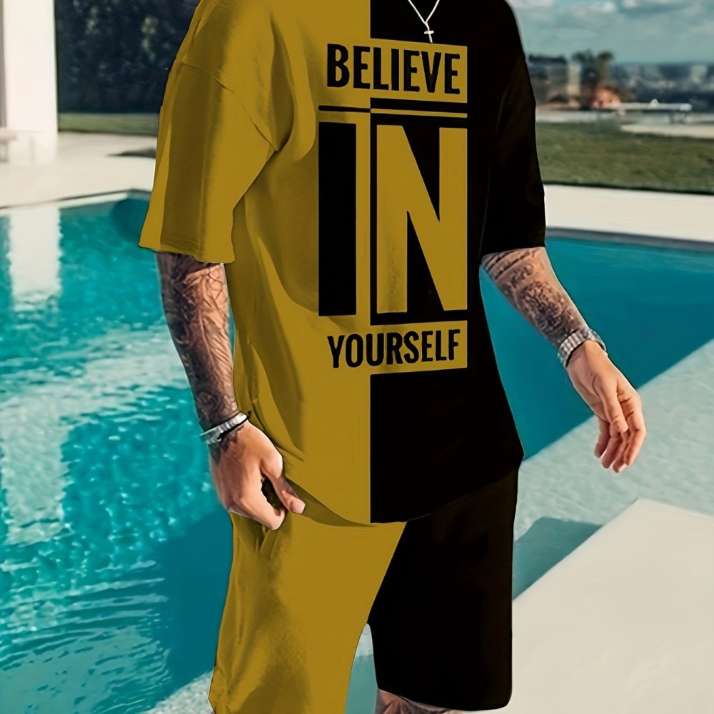 Believe In Yourself Print, Men's 2Pcs Outfits, Casual Crew Neck Short Sleeve T-shirt And Drawstring Shorts Set For Summer, Men's Clothing - Image 8