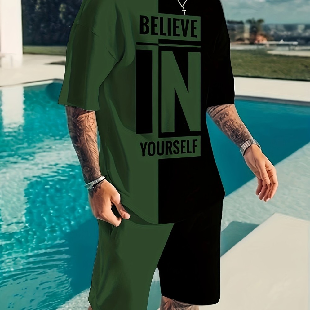 Believe In Yourself Print, Men's 2Pcs Outfits, Casual Crew Neck Short Sleeve T-shirt And Drawstring Shorts Set For Summer, Men's Clothing - Image 9