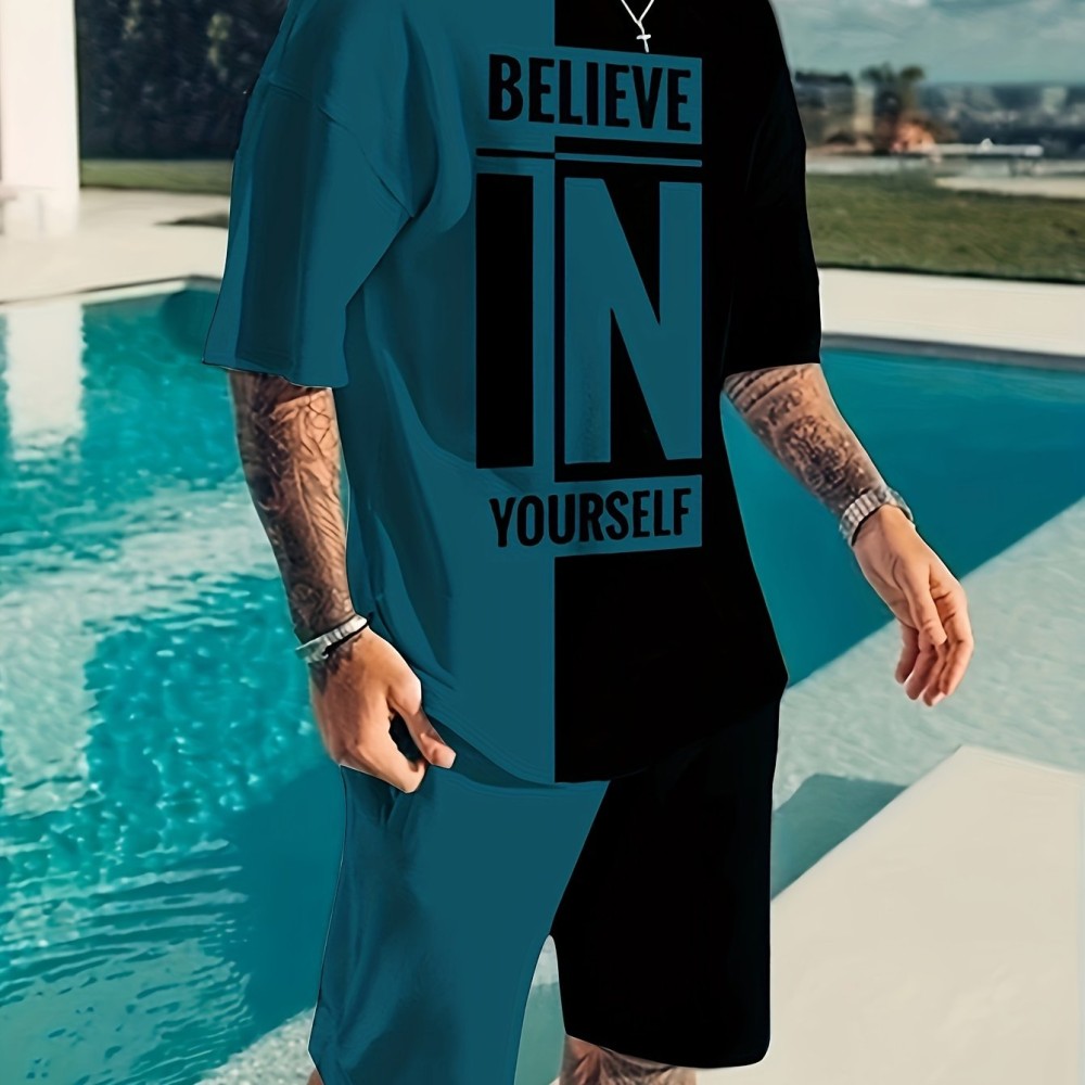 Believe In Yourself Print, Men's 2Pcs Outfits, Casual Crew Neck Short Sleeve T-shirt And Drawstring Shorts Set For Summer, Men's Clothing - Image 10