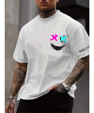 Smile Face Print, Men's Graphic Design Crew Neck T-shirt, Casual Comfy Tees Tshirts For Summer, Men's Clothing Tops For Daily Vacation Resorts