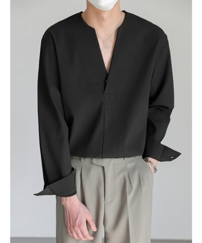 Men's Shirt Top V Neck Loose Long Sleeve Closure Male Casual Shirt For Men Daily Vacation Streetwear