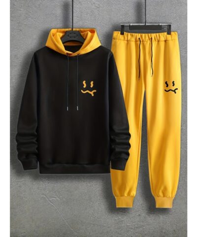 Smile Face Pattern Color Block Print, Men's 2Pcs Outfits, Casual Hoodies Long Sleeve Pullover Hooded Sweatshirt And Sweatpants Joggers Set For Spring Fall, Men's Clothing
