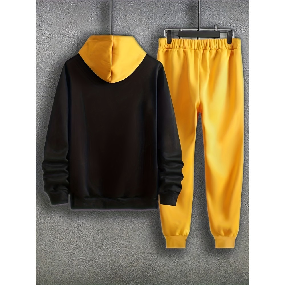 Smile Face Pattern Color Block Print, Men's 2Pcs Outfits, Casual Hoodies Long Sleeve Pullover Hooded Sweatshirt And Sweatpants Joggers Set For Spring Fall, Men's Clothing - Image 2