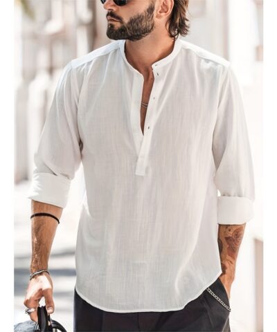Solid Cotton Men's Long Sleeve Retro Medieval Henley Shirt Casual Beach Tops Festival Party Dress Shirt Solid Tee Shirt V-Neck Tops For Men