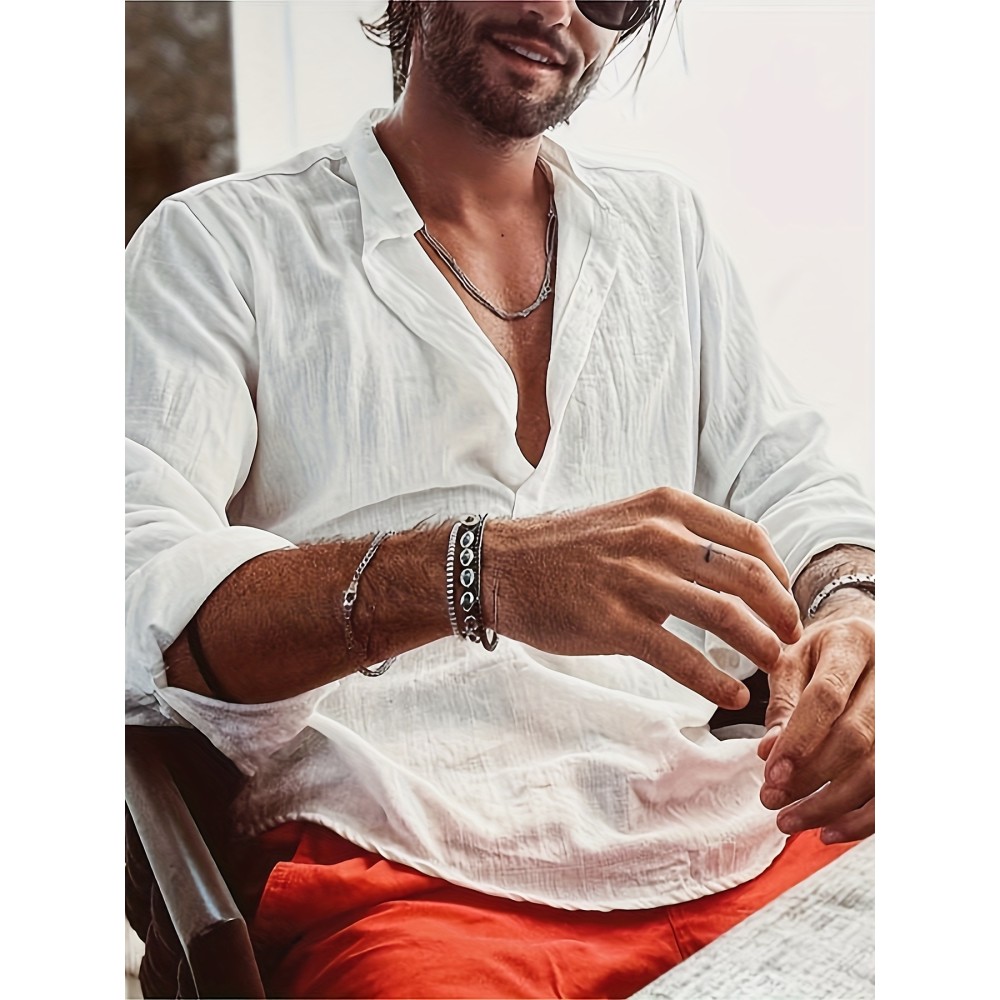 Solid Cotton Men's Long Sleeve Retro Medieval Henley Shirt Casual Beach Tops Festival Party Dress Shirt Solid Tee Shirt V-Neck Tops For Men - Image 2