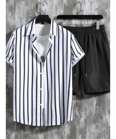 Vertical Striped Men's 2Pcs Outfits, Casual Camp Collar Lapel Button Up Short Sleeve Shirts And Drawstring Shorts Set For Summer, Men's Clothing Vacation Loungewear