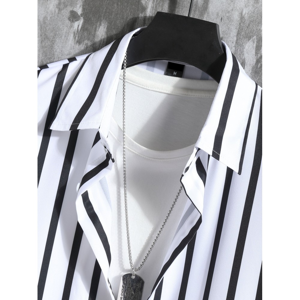 Vertical Striped Men's 2Pcs Outfits, Casual Camp Collar Lapel Button Up Short Sleeve Shirts And Drawstring Shorts Set For Summer, Men's Clothing Vacation Loungewear - Image 2