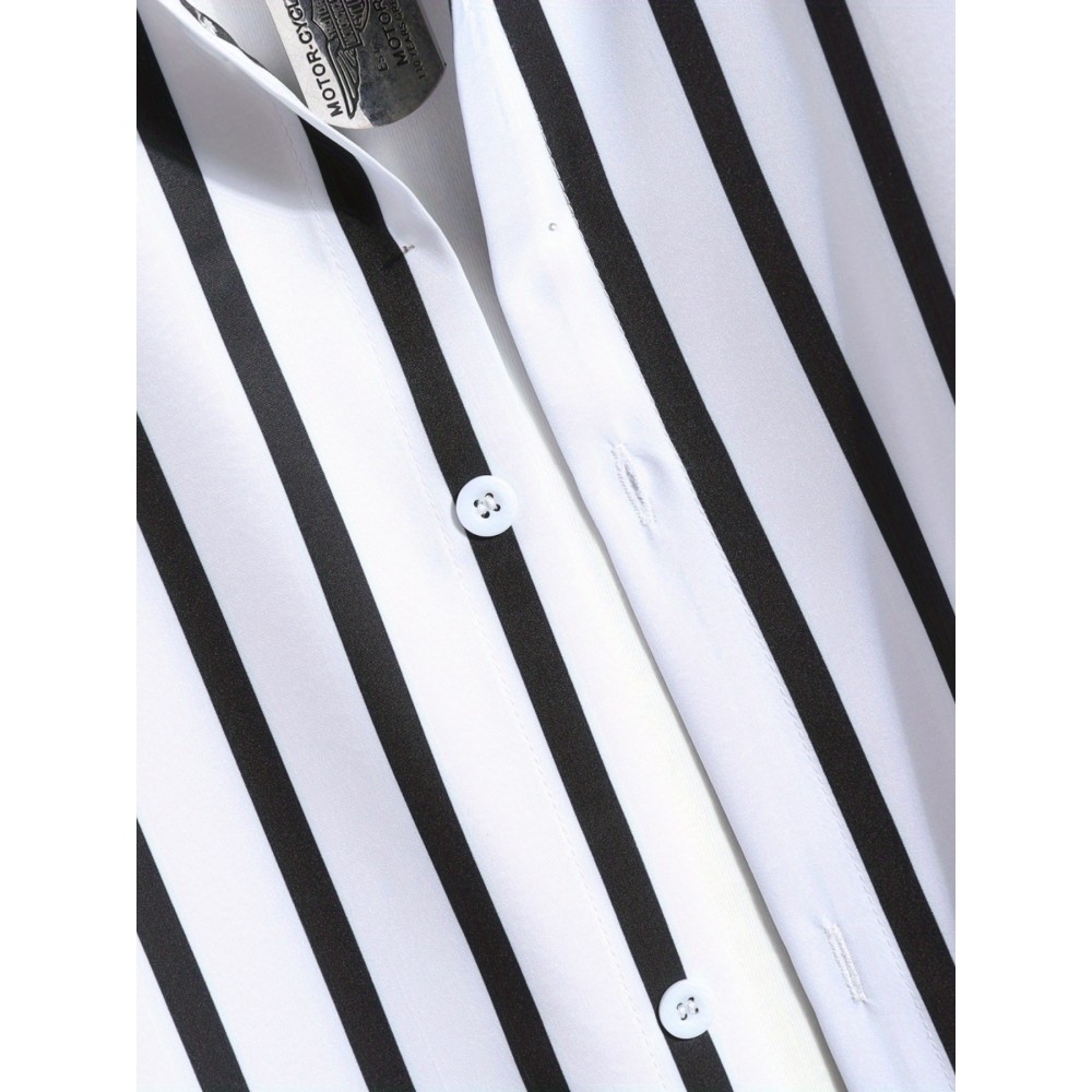 Vertical Striped Men's 2Pcs Outfits, Casual Camp Collar Lapel Button Up Short Sleeve Shirts And Drawstring Shorts Set For Summer, Men's Clothing Vacation Loungewear - Image 3
