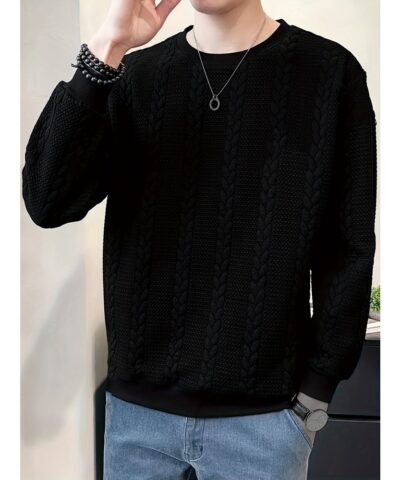 Men's Jacquard Round Neck Sweatshirt, Loose Trendy Pullover, Men's Clothing For Autumn Winter