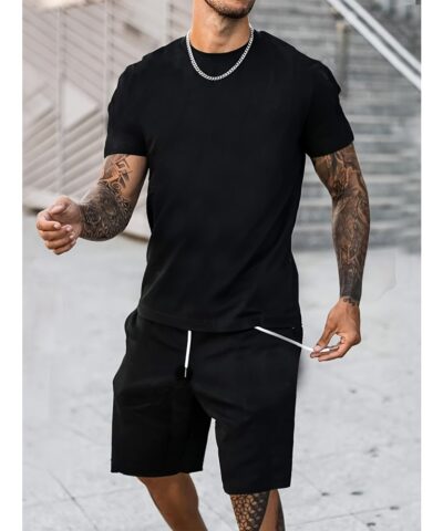 Classic Design Black Solid Top Casual Mid Stretch Short Sleeve Crew Neck Graphic T-shirt, Men's Tee For Summer Outdoor