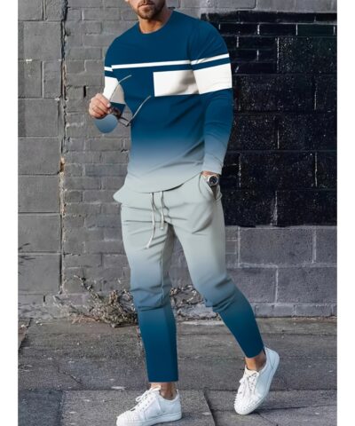 Men's Gradient 2Pcs Outfits, Casual Long Sleeve Pullover Hooded Sweatshirt And Sweatpants Joggers Set For Spring Fall, Men's Clothing