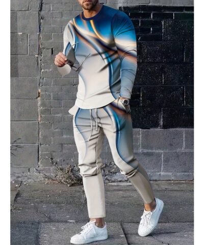 3D Pattern Print, Men's 2Pcs Outfits, Casual Crew Neck Long Sleeve Shirts T-shirt And Drawstring Sweatpants Joggers Set For Summer, Men's Clothing