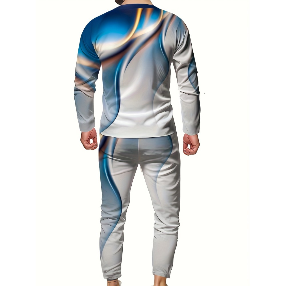 3D Pattern Print, Men's 2Pcs Outfits, Casual Crew Neck Long Sleeve Shirts T-shirt And Drawstring Sweatpants Joggers Set For Summer, Men's Clothing - Image 2
