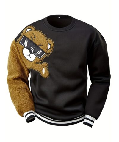 Men's Cartoon Bear Embroidery Crew Neck Sweatshirt, Loose Fit Sports Tops
