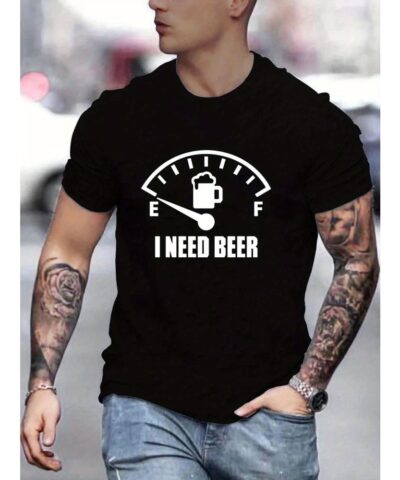 'I Need Beer' Pattern Print Men's Comfy T-shirt, Graphic Tee Men's Summer Outdoor Clothes, Men's Clothing, Tops For Men