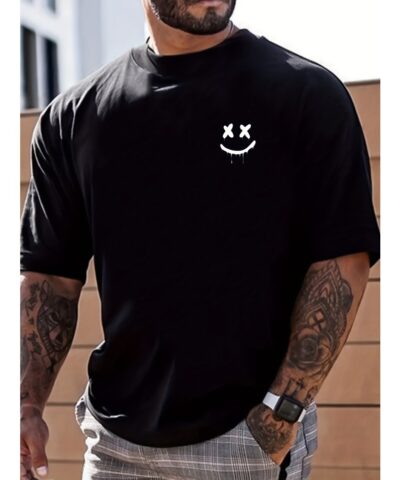 Smile Print, Men's Graphic Design Crew Neck T-shirt, Casual Comfy Tees Tshirts For Summer, Men's Clothing Tops For Daily Vacation Resorts