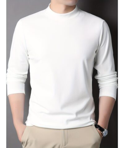 Solid Men's Slim Mock Neck Long Sleeve Active T-shirt Tee, Casual Comfy Shirts For Winter Fall, Men's Clothing Tops