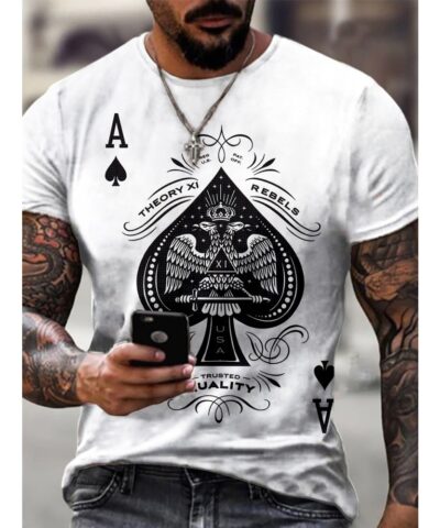 Spade A Print, Men's Graphic Design Crew Neck Active T-shirt, Casual Comfy Tees For Summer, Men's Clothing Tops For Daily Gym Workout Running