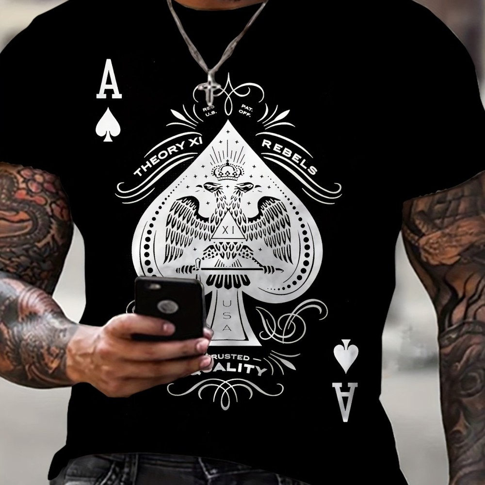 Spade A Print, Men's Graphic Design Crew Neck Active T-shirt, Casual Comfy Tees For Summer, Men's Clothing Tops For Daily Gym Workout Running - Image 7