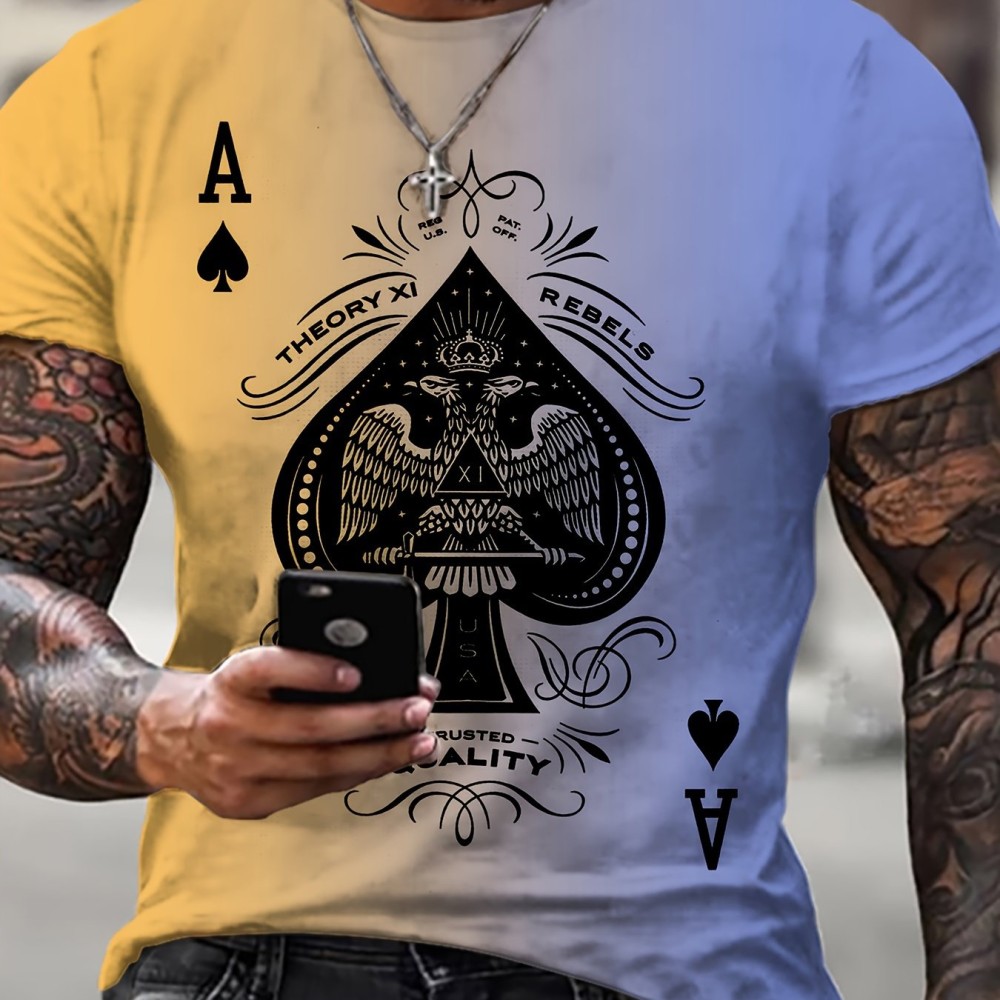 Spade A Print, Men's Graphic Design Crew Neck Active T-shirt, Casual Comfy Tees For Summer, Men's Clothing Tops For Daily Gym Workout Running - Image 8
