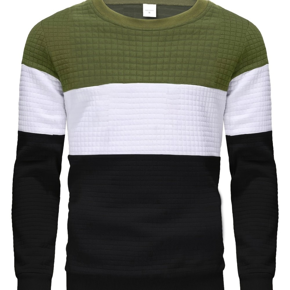 Three Color Block Trendy Sweatshirt, Men's Casual Classic Design Crew Neck Pullover Sweatshirt For Men Fall Winter - Image 6