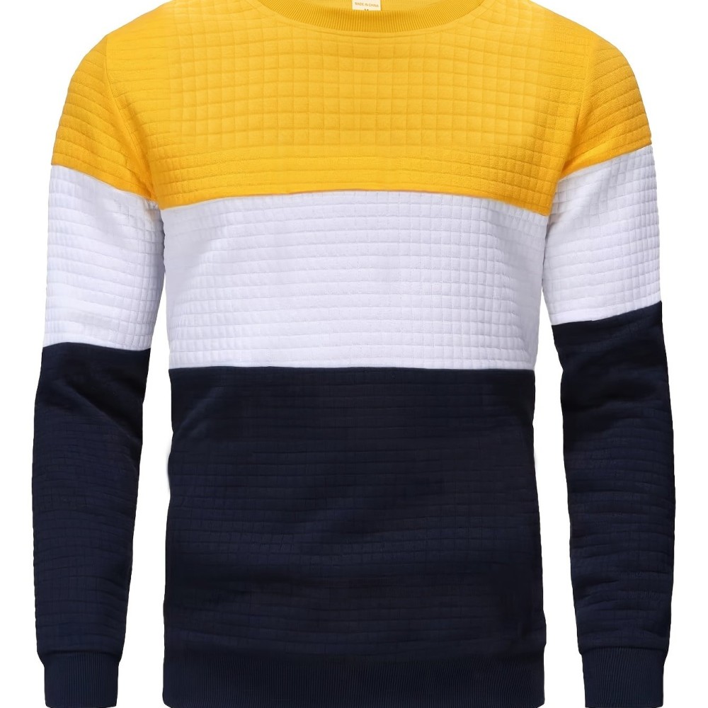 Three Color Block Trendy Sweatshirt, Men's Casual Classic Design Crew Neck Pullover Sweatshirt For Men Fall Winter - Image 7