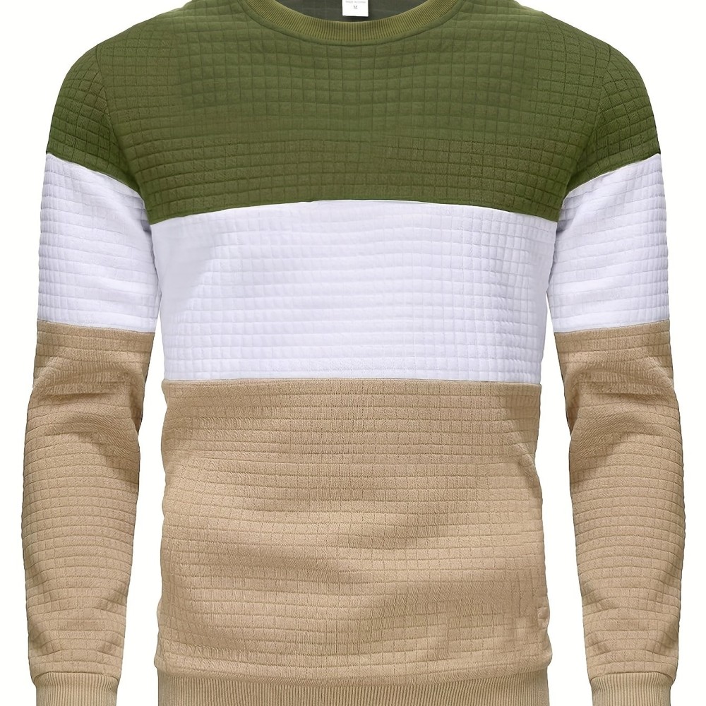 Three Color Block Trendy Sweatshirt, Men's Casual Classic Design Crew Neck Pullover Sweatshirt For Men Fall Winter - Image 9