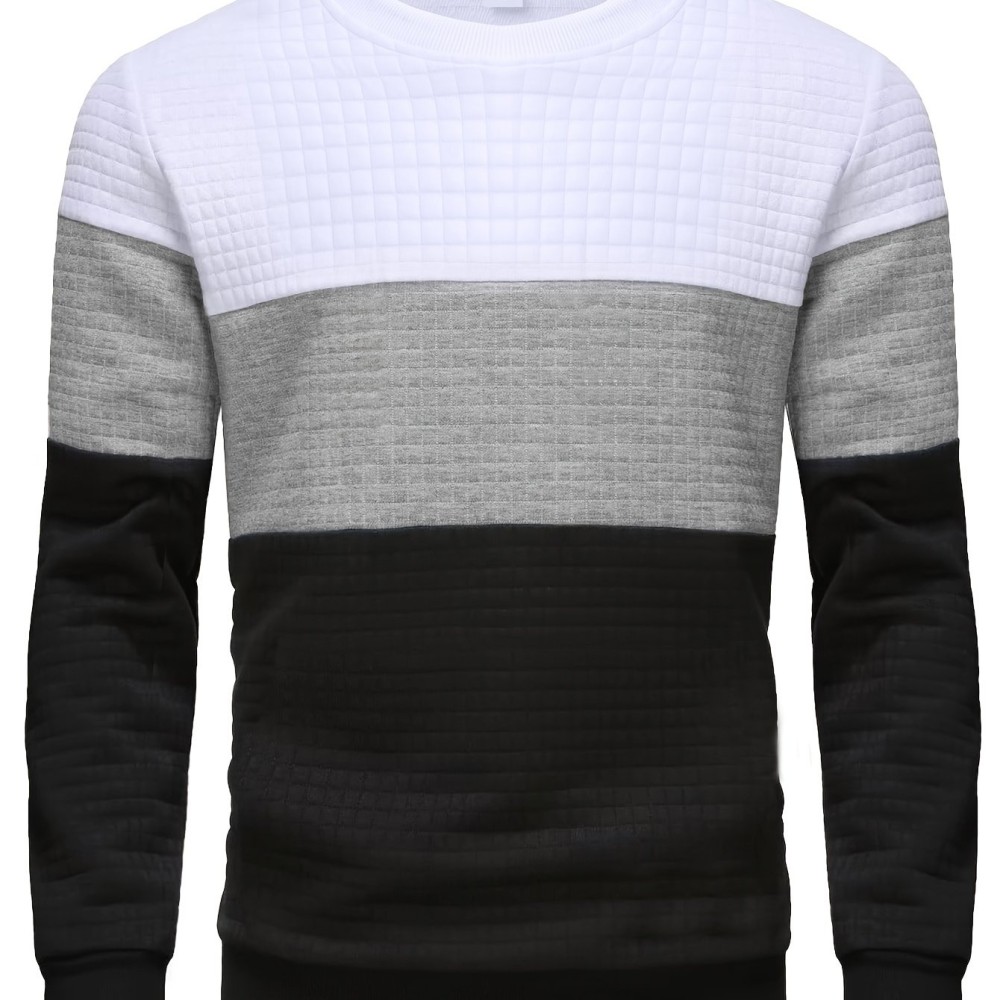 Three Color Block Trendy Sweatshirt, Men's Casual Classic Design Crew Neck Pullover Sweatshirt For Men Fall Winter - Image 10