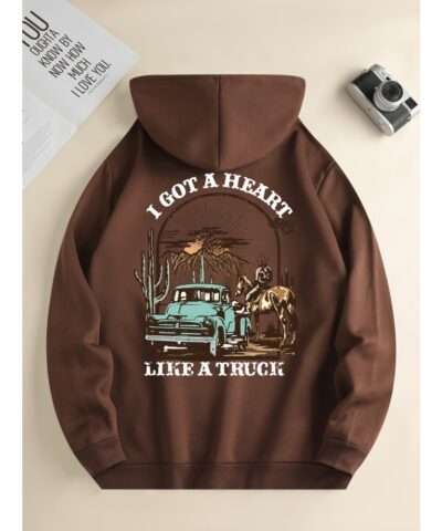 I Got A Heart Like A Truck Cowboy Riding Horse Print Men's Cool Streetwear Hoodies, Casual Loose Hooded Pullover With Kangaroo Pockets, Crew Neck Sweatshirt For Men For Fall And Winter, As Gifts