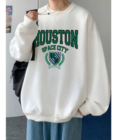 Men's Pullover Round Neck Long Sleeve Sweatshirt Green Badge Pattern Loose Casual Top For Autumn Winter Men's Clothing As Gifts